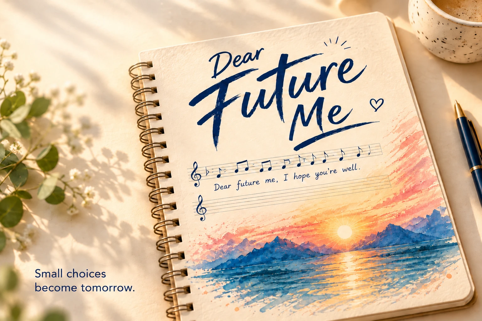 Dear Future Me notebook with musical notes and a sunrise over water, beside the words ‘Small choices become tomorrow.’
